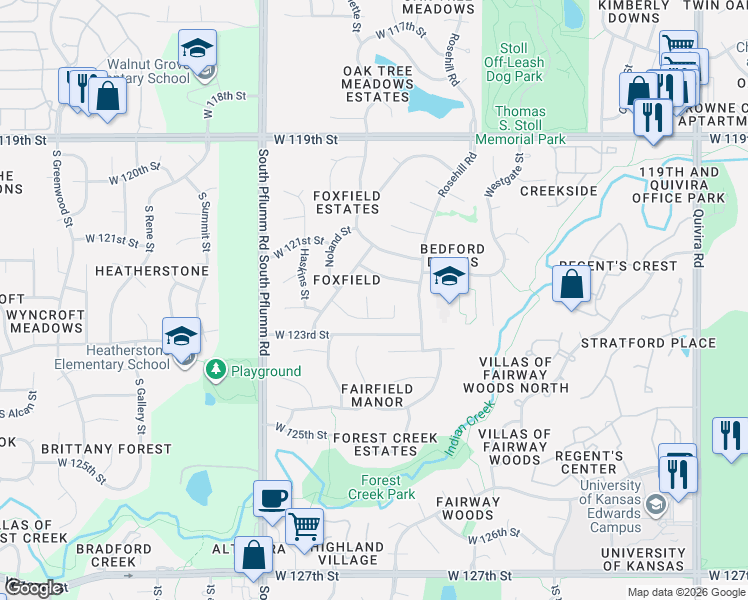 map of restaurants, bars, coffee shops, grocery stores, and more near 12714 West 122nd Terrace in Overland Park