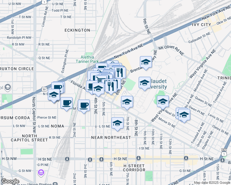 map of restaurants, bars, coffee shops, grocery stores, and more near 101 Independence Avenue Southeast in Washington