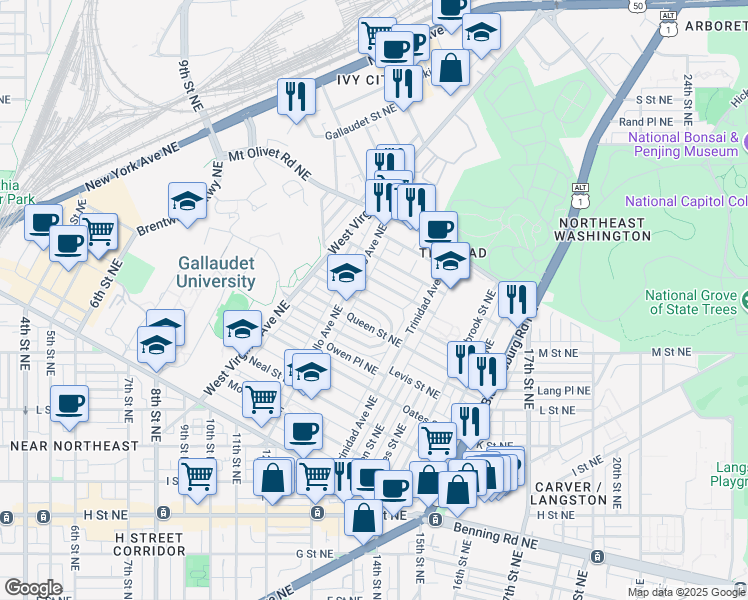 map of restaurants, bars, coffee shops, grocery stores, and more near 1230 Holbrook Terrace Northeast in Washington
