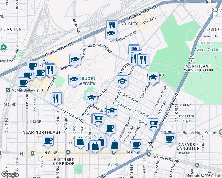 map of restaurants, bars, coffee shops, grocery stores, and more near 1105 Queen Street Northeast in Washington