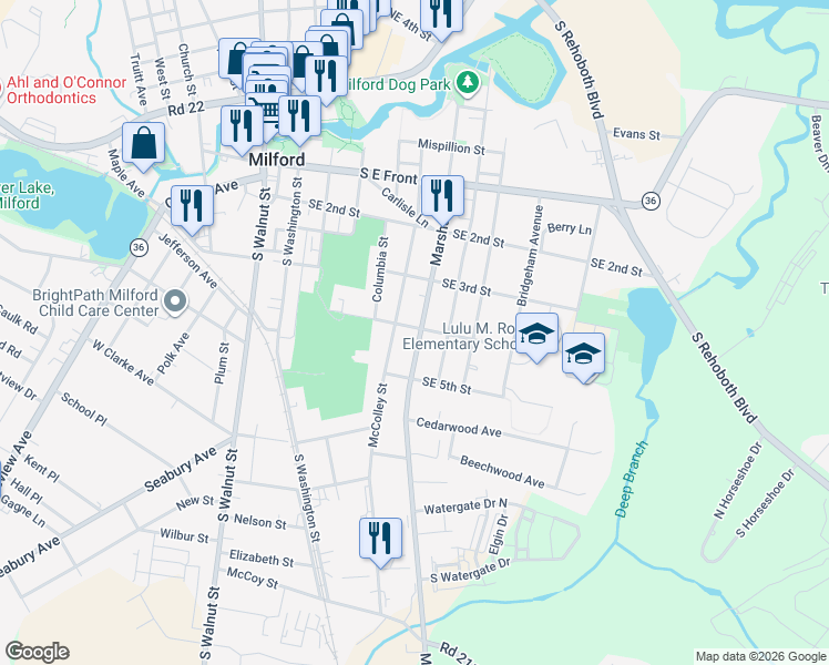 map of restaurants, bars, coffee shops, grocery stores, and more near 406 Marshall Street in Milford