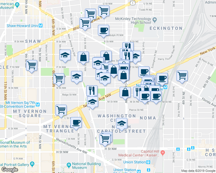 map of restaurants, bars, coffee shops, grocery stores, and more near 69 N Street Northwest in Washington