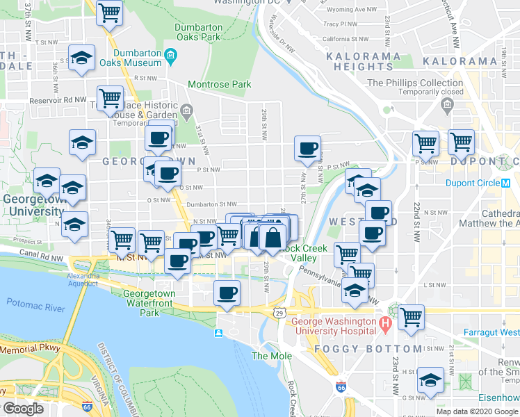 map of restaurants, bars, coffee shops, grocery stores, and more near 2908 Dumbarton Street Northwest in Washington