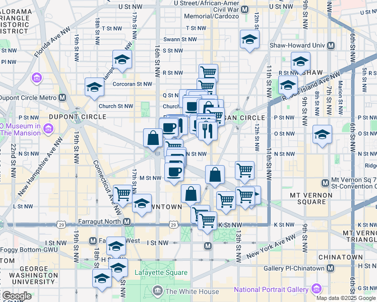 map of restaurants, bars, coffee shops, grocery stores, and more near 1449 N Street Northwest in Washington