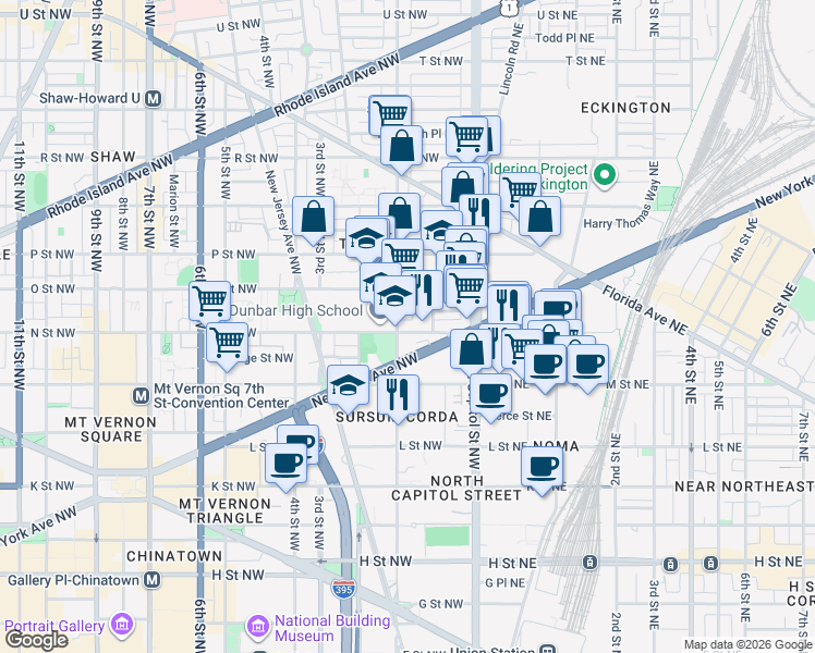 map of restaurants, bars, coffee shops, grocery stores, and more near 101 Independence Avenue Southeast in Washington