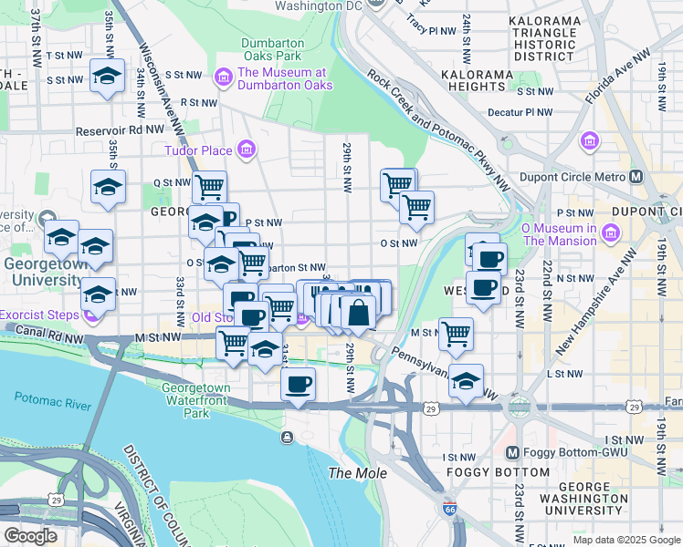 map of restaurants, bars, coffee shops, grocery stores, and more near 2908 Dumbarton Street Northwest in Washington