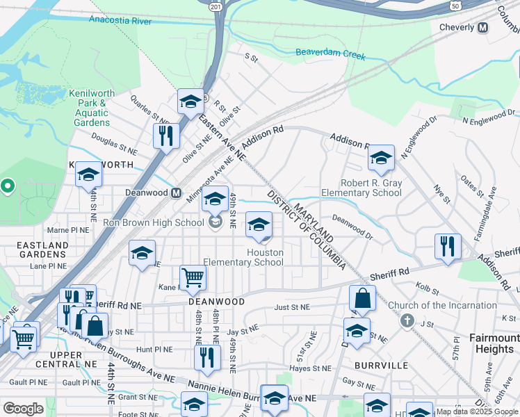 map of restaurants, bars, coffee shops, grocery stores, and more near 4932 Nash Street Northeast in Washington