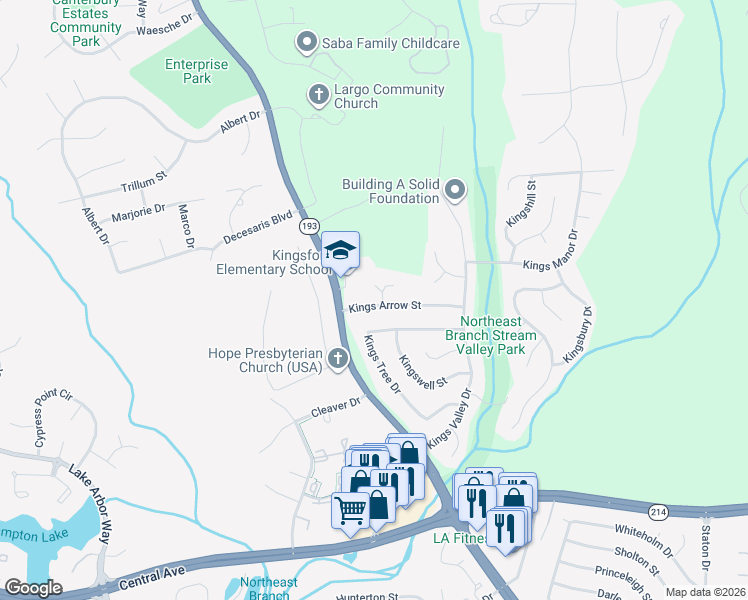 map of restaurants, bars, coffee shops, grocery stores, and more near 12110 Kings Arrow Street in Bowie