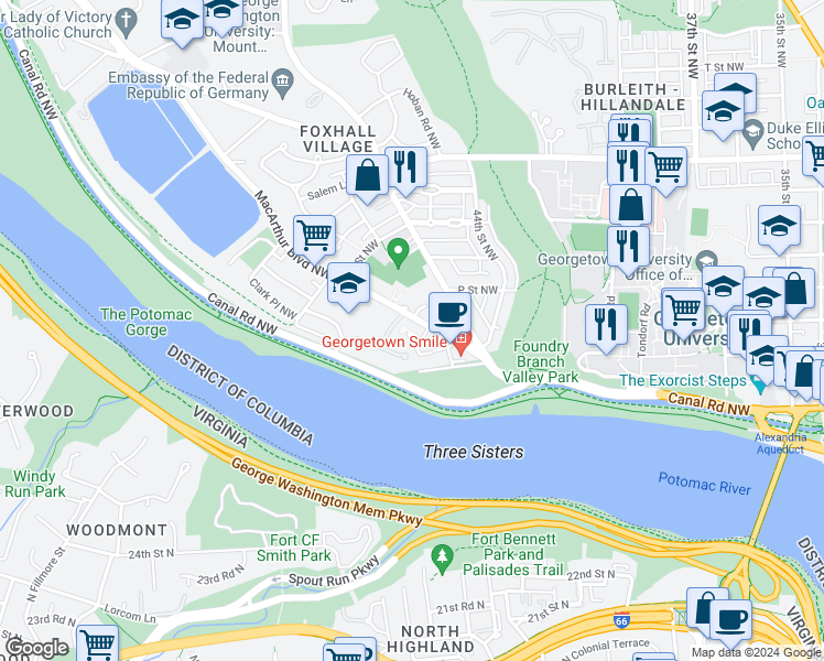 map of restaurants, bars, coffee shops, grocery stores, and more near 4539 Westhall Drive in Washington