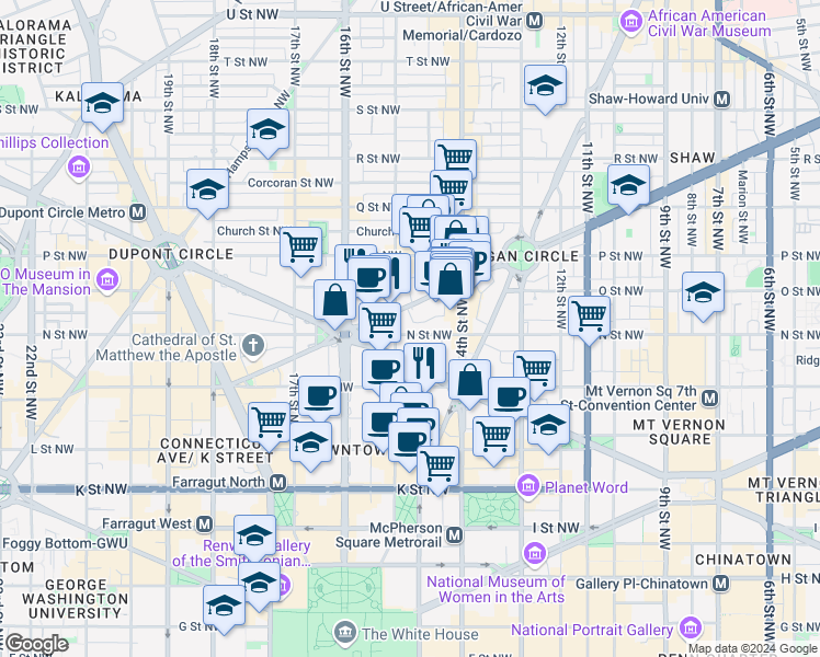 map of restaurants, bars, coffee shops, grocery stores, and more near 1451 N Street Northwest in Washington