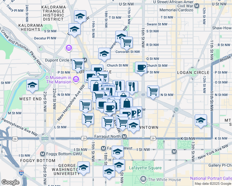 map of restaurants, bars, coffee shops, grocery stores, and more near 1745 N Street Northwest in Washington