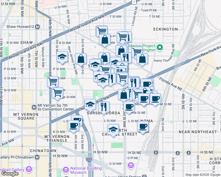 map of restaurants, bars, coffee shops, grocery stores, and more near 57 N Street Northwest in Washington