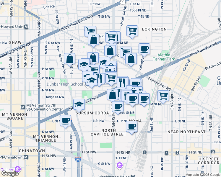 map of restaurants, bars, coffee shops, grocery stores, and more near 7 New York Avenue Northeast in Washington