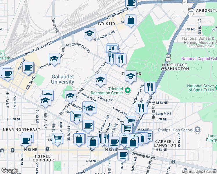 map of restaurants, bars, coffee shops, grocery stores, and more near 1230 Holbrook Terrace Northeast in Washington