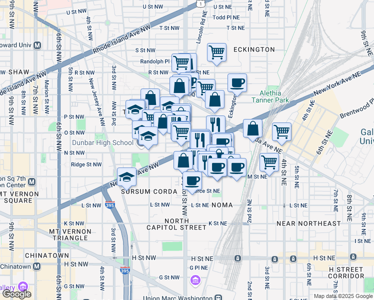 map of restaurants, bars, coffee shops, grocery stores, and more near New York Ave NW & North Capitol St NE in Washington