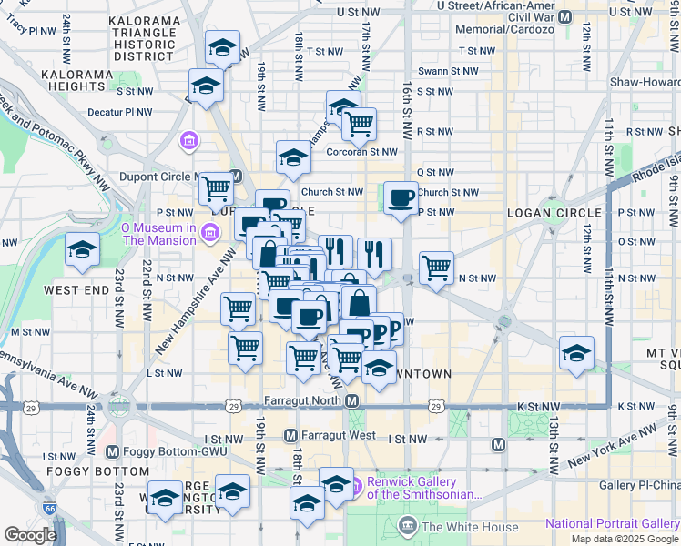 map of restaurants, bars, coffee shops, grocery stores, and more near 1733 N Street Northwest in Washington