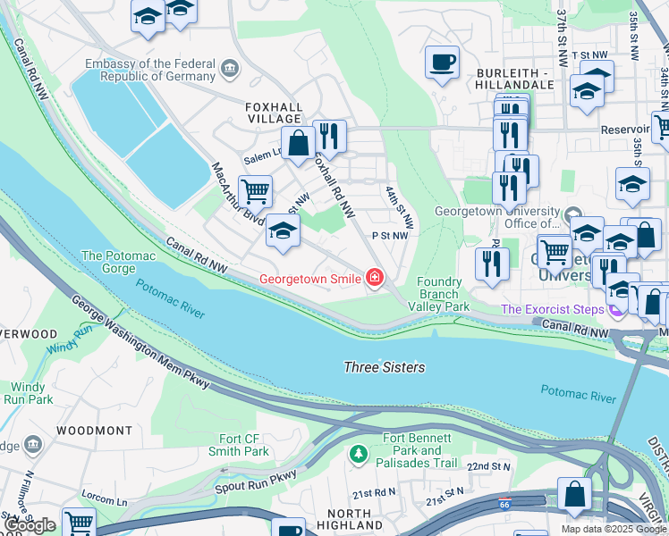 map of restaurants, bars, coffee shops, grocery stores, and more near 4541 Westhall Drive in Washington