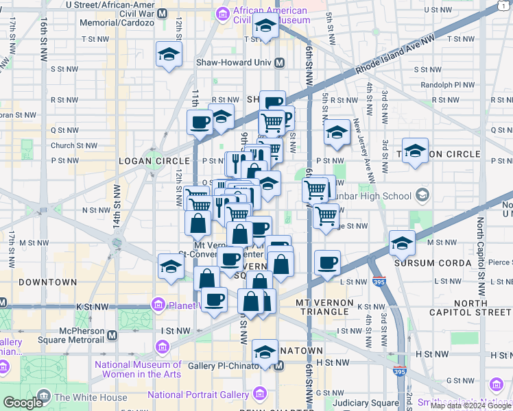 map of restaurants, bars, coffee shops, grocery stores, and more near 801 N Street Northwest in Washington