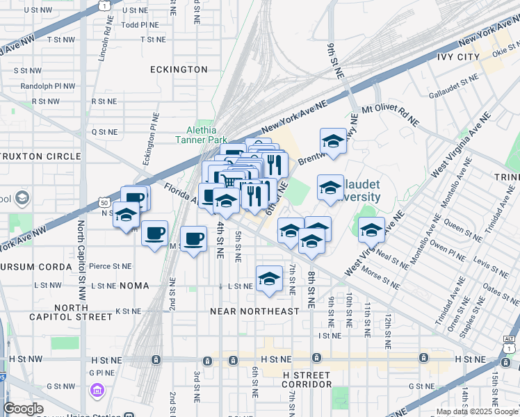 map of restaurants, bars, coffee shops, grocery stores, and more near 550 Morse Street Northeast in Washington
