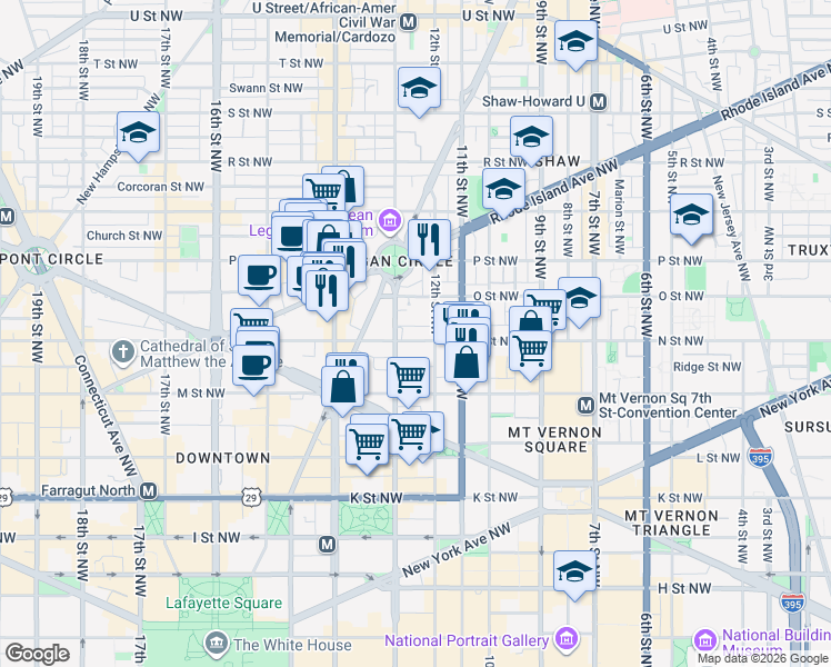 map of restaurants, bars, coffee shops, grocery stores, and more near 1215 N Street Northwest in Washington