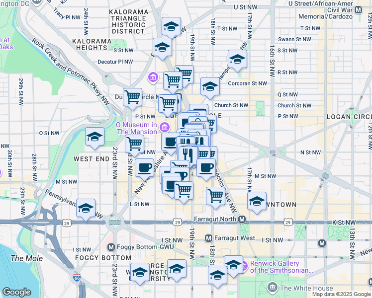 map of restaurants, bars, coffee shops, grocery stores, and more near 1300 19th Street Northwest in Washington