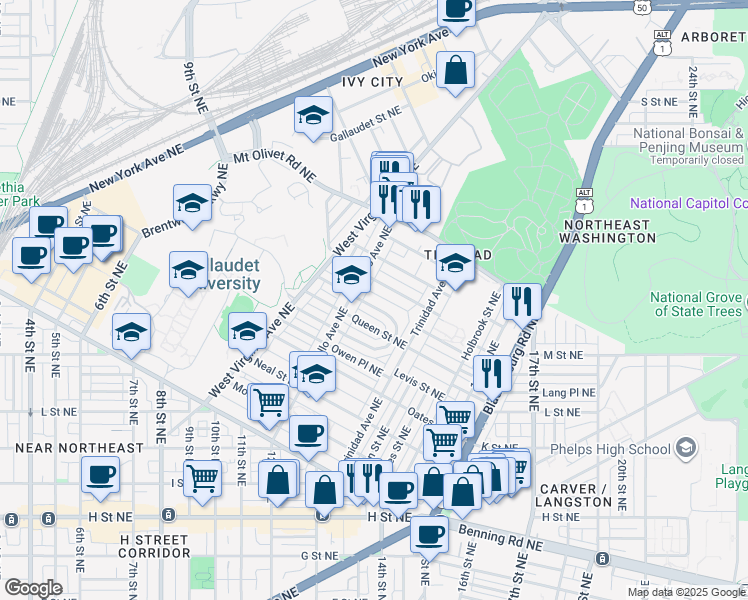map of restaurants, bars, coffee shops, grocery stores, and more near 101 Independence Avenue Southeast in Washington