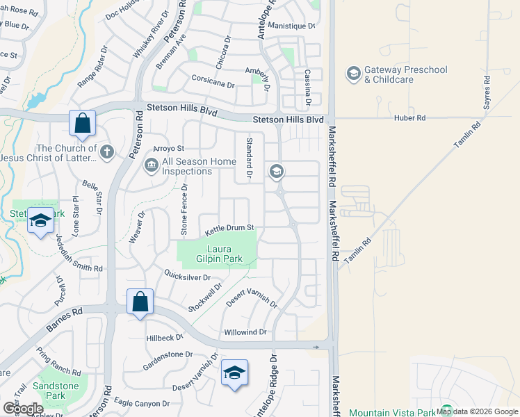 map of restaurants, bars, coffee shops, grocery stores, and more near 7664 Stormy Way in Colorado Springs