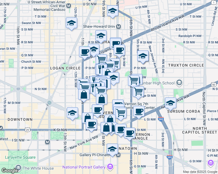 map of restaurants, bars, coffee shops, grocery stores, and more near 801 N Street Northwest in Washington