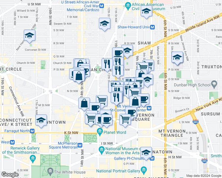 map of restaurants, bars, coffee shops, grocery stores, and more near 910 M Street Northwest in Washington