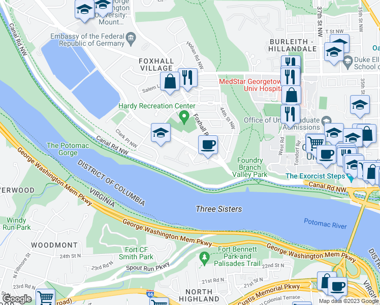 map of restaurants, bars, coffee shops, grocery stores, and more near 4541 Westhall Drive in Washington