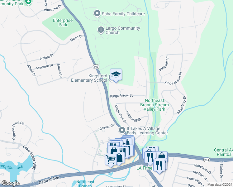 map of restaurants, bars, coffee shops, grocery stores, and more near 12108 Kings Arrow Street in Bowie