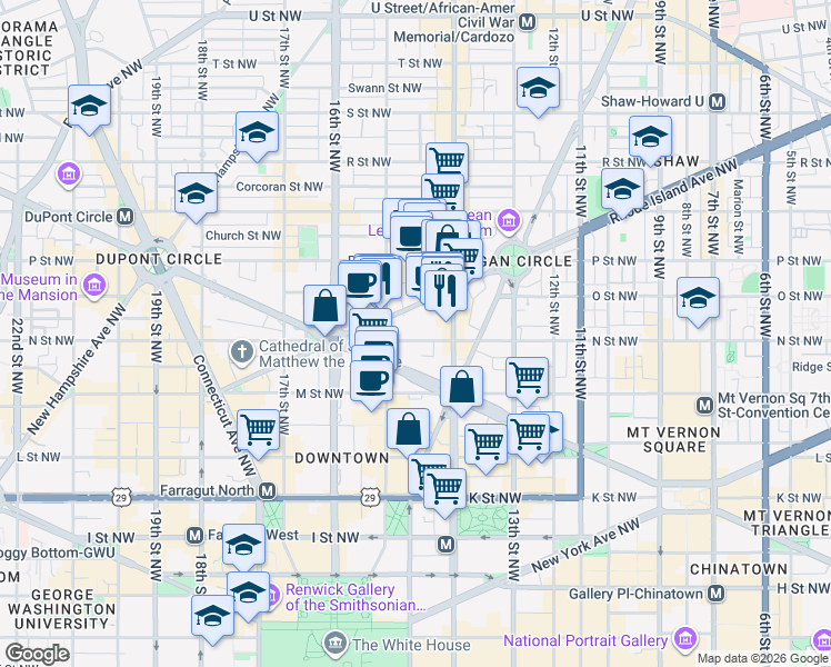 map of restaurants, bars, coffee shops, grocery stores, and more near 1435 N Street Northwest in Washington