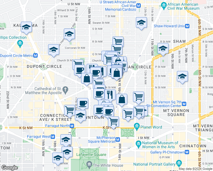 map of restaurants, bars, coffee shops, grocery stores, and more near 1451 N Street Northwest in Washington
