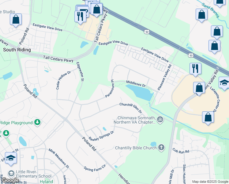 map of restaurants, bars, coffee shops, grocery stores, and more near 43781 Paramount Place in Chantilly
