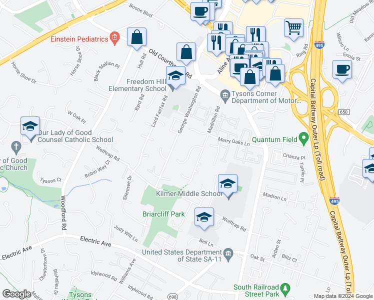 map of restaurants, bars, coffee shops, grocery stores, and more near 8210 Madrillon Estates Drive in Vienna