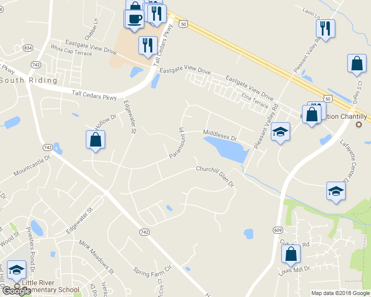 map of restaurants, bars, coffee shops, grocery stores, and more near 43781 Paramount Place in Chantilly