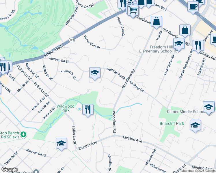 map of restaurants, bars, coffee shops, grocery stores, and more near 8508 Rehoboth Court in Vienna