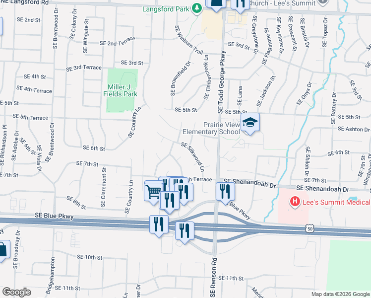 map of restaurants, bars, coffee shops, grocery stores, and more near 717 Southeast Pierre Court in Lee's Summit