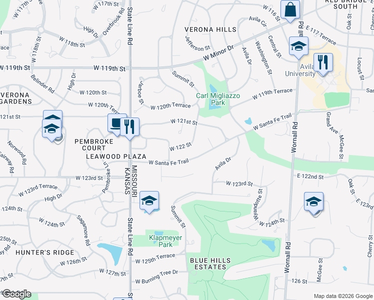 map of restaurants, bars, coffee shops, grocery stores, and more near 806 West Santa Fe Trail in Kansas City