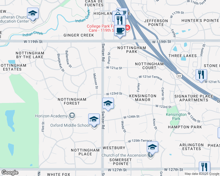 map of restaurants, bars, coffee shops, grocery stores, and more near 12217 Perry Street in Overland Park