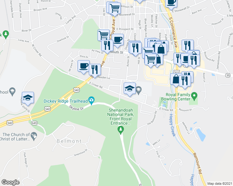 map of restaurants, bars, coffee shops, grocery stores, and more near 126 East Criser Road in Front Royal