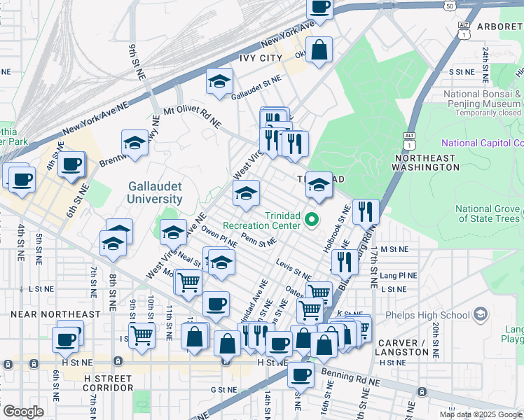 map of restaurants, bars, coffee shops, grocery stores, and more near 1220 Holbrook Terrace Northeast in Washington
