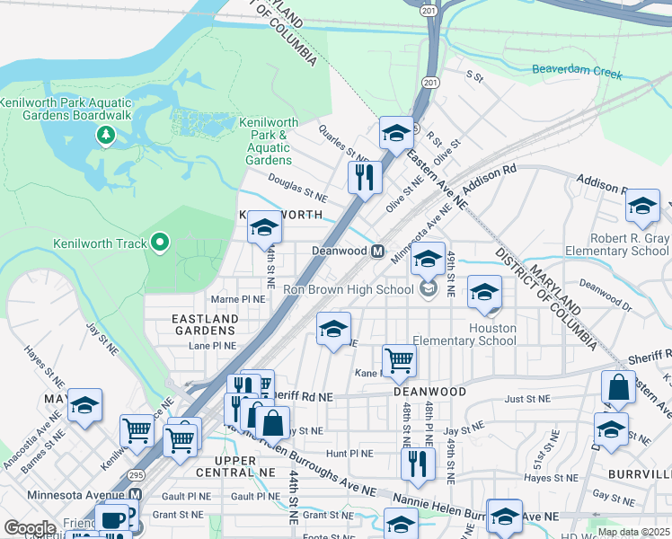 map of restaurants, bars, coffee shops, grocery stores, and more near 1325 Kenilworth Avenue Northeast in Washington