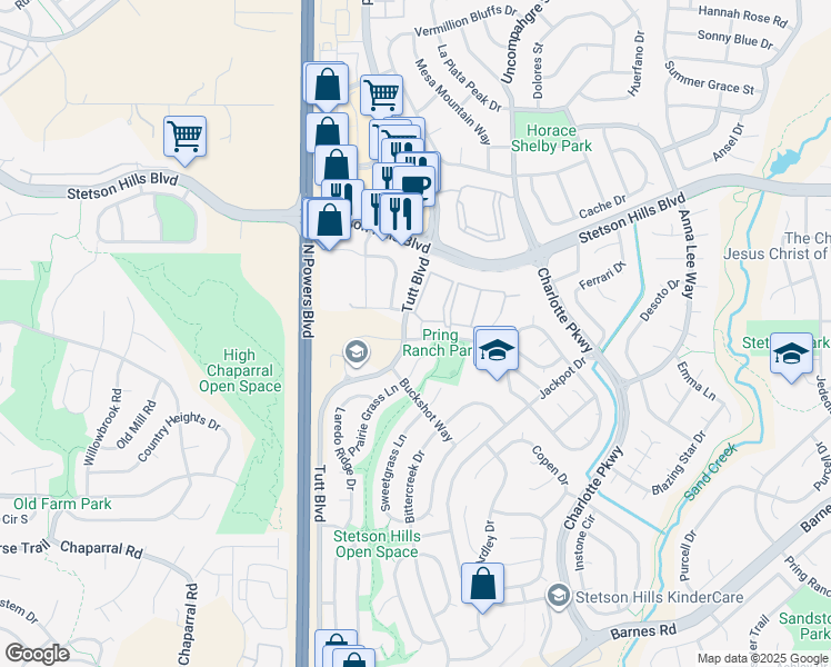 map of restaurants, bars, coffee shops, grocery stores, and more near 5256 Prairie Grass Lane in Colorado Springs