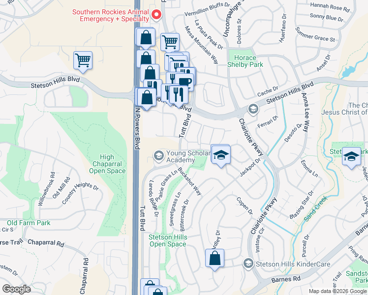 map of restaurants, bars, coffee shops, grocery stores, and more near 5256 Prairie Grass Lane in Colorado Springs
