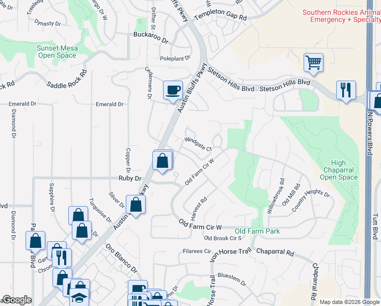 map of restaurants, bars, coffee shops, grocery stores, and more near 4979 Galileo Drive in Colorado Springs