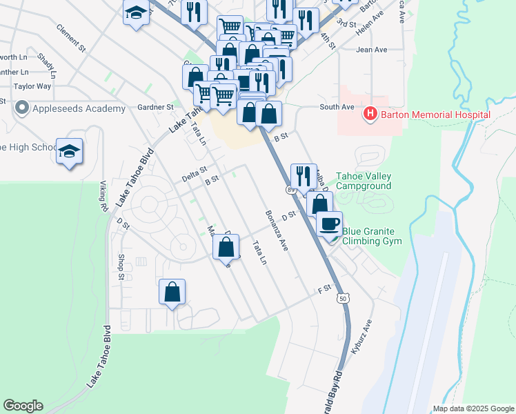 map of restaurants, bars, coffee shops, grocery stores, and more near 1166 Bonanza Avenue in South Lake Tahoe