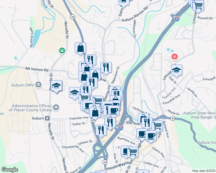 map of restaurants, bars, coffee shops, grocery stores, and more near 311 Auburn Ravine Road in Auburn