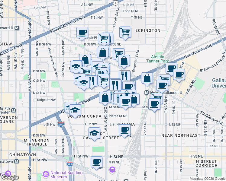map of restaurants, bars, coffee shops, grocery stores, and more near 101 Independence Avenue Southeast in Washington