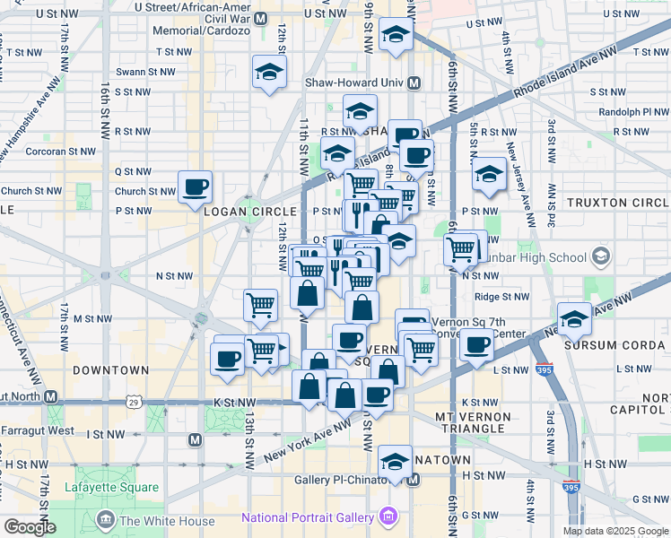 map of restaurants, bars, coffee shops, grocery stores, and more near 937 N Street Northwest in Washington